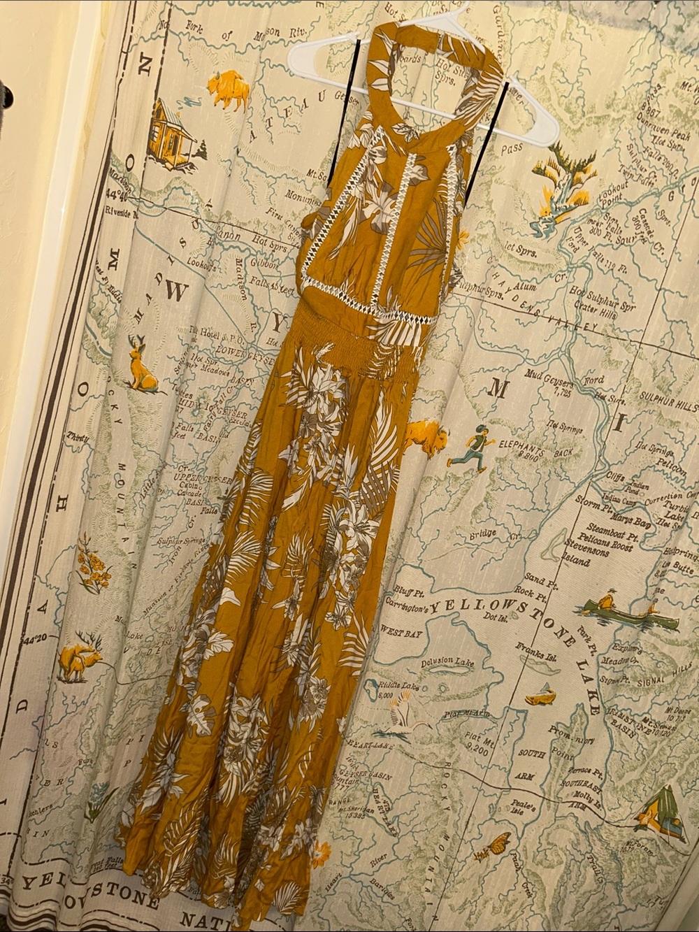 Mustard Yellow Halter Maxi Dress with White Tropical Print